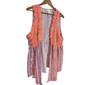 SELF ESTEEM Women's 1X Boho Lace Multicolored Open Flowy Sleeveless Vest‎
